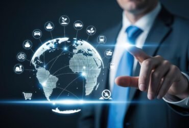 global-business-network-man-interacting-with-digital-world-globe-for-international-collaboration-and-connectivity-photo